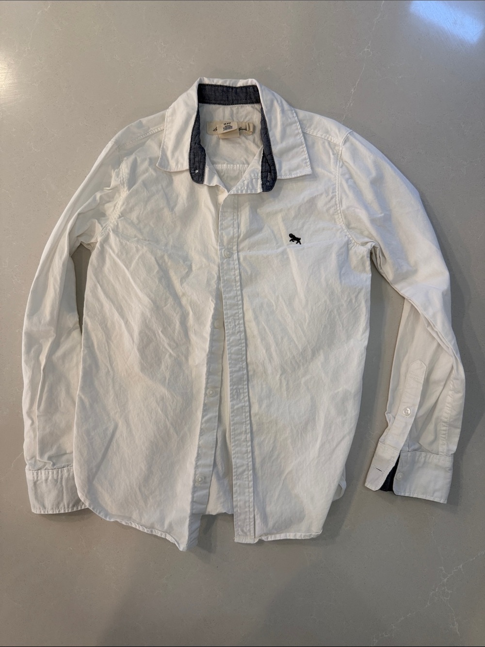 White Long-Sleeve Button-Down Shirt with Contrast Collar